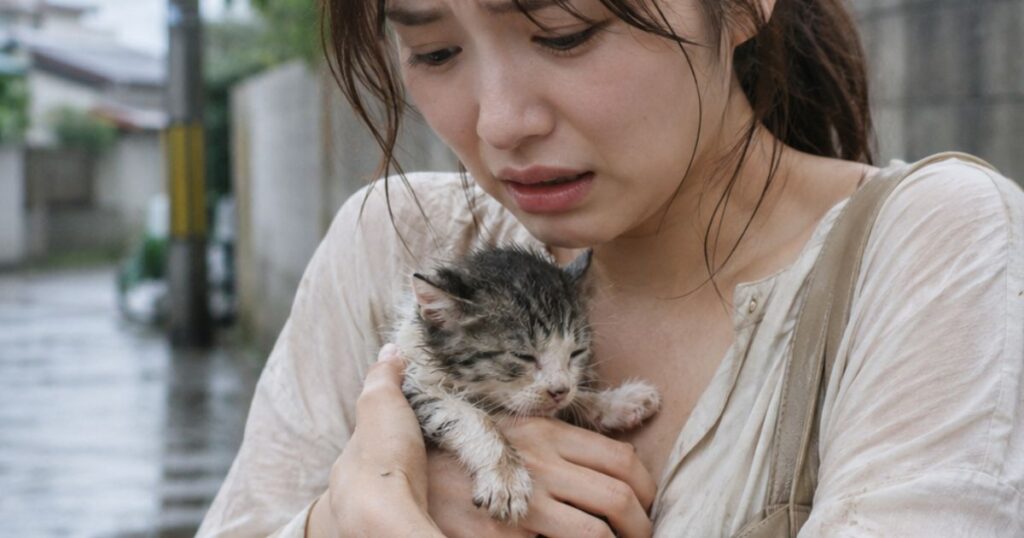 子猫を拾って困っている女性
