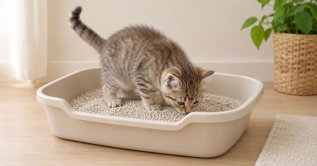 子猫用トイレの中でクンクンと匂いを嗅いでいる子猫