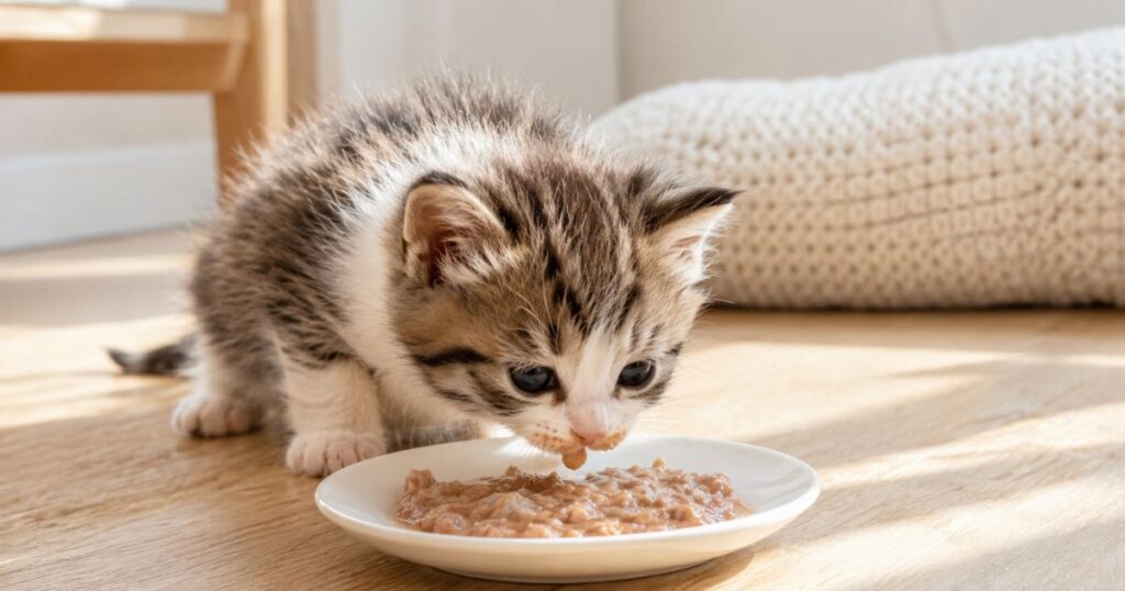 初めて離乳食を食べる可愛い子猫