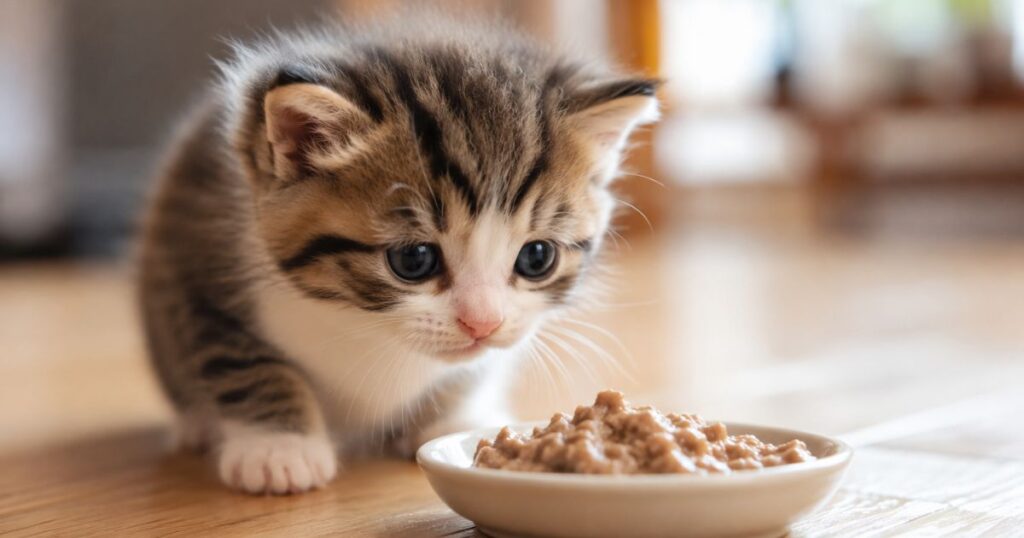 初めて見る離乳食に戸惑う子猫