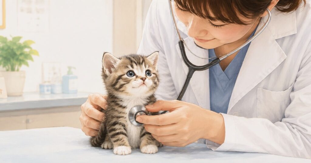 動物病院で獣医さんに大人しく診察してもらっている可愛い子猫