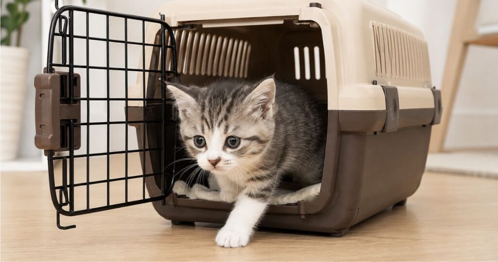 キャリーバックのドアを開けたら少しだけ外に出る子猫