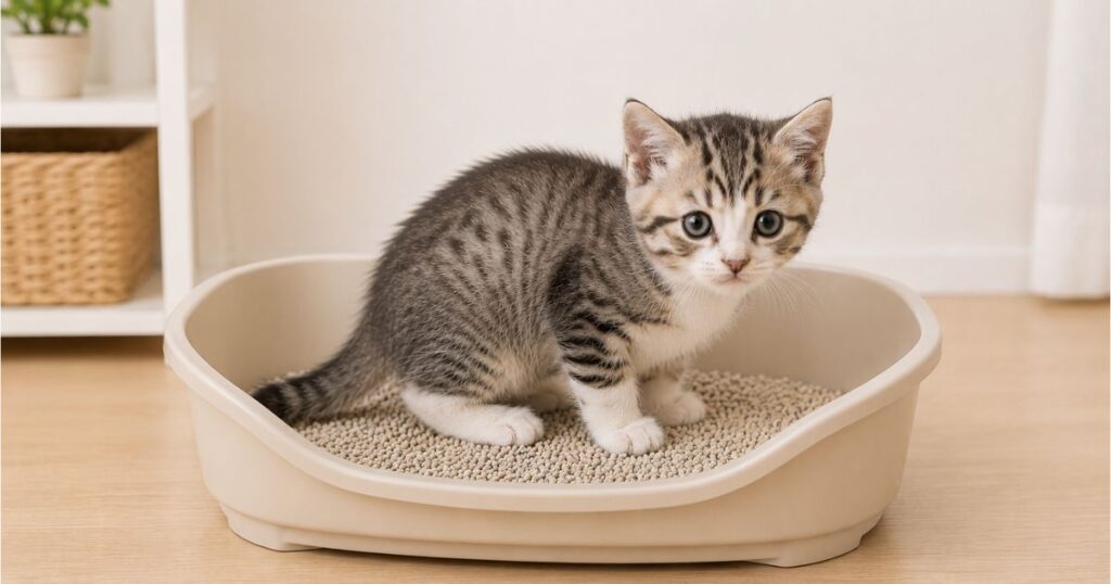 猫用トイレで用を足そうとする子猫