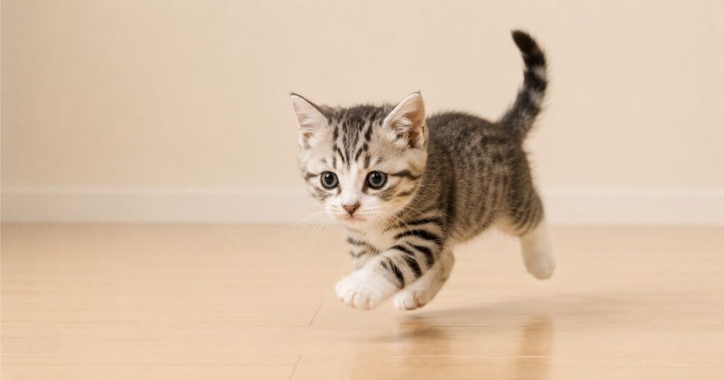 フローリングの上を元気に走る子猫