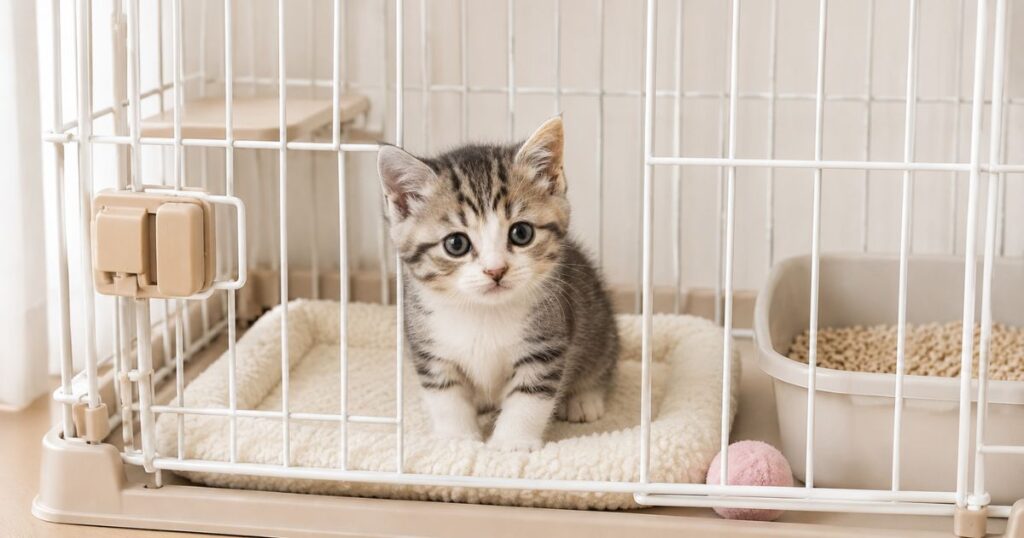 部屋の隅に設置された、子猫がいつでも出入りできるケージ