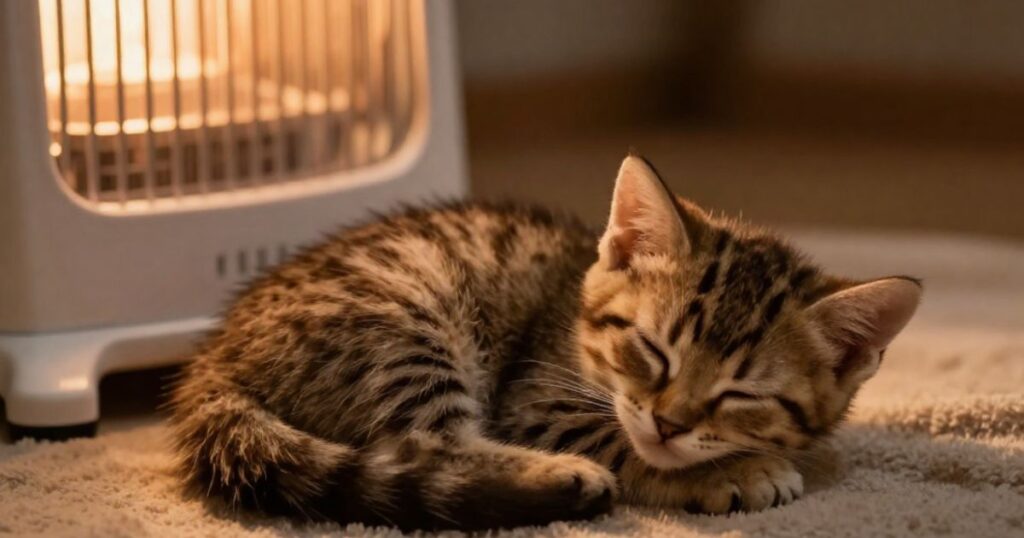 ペット用ヒーターの前で丸くなって眠る子猫