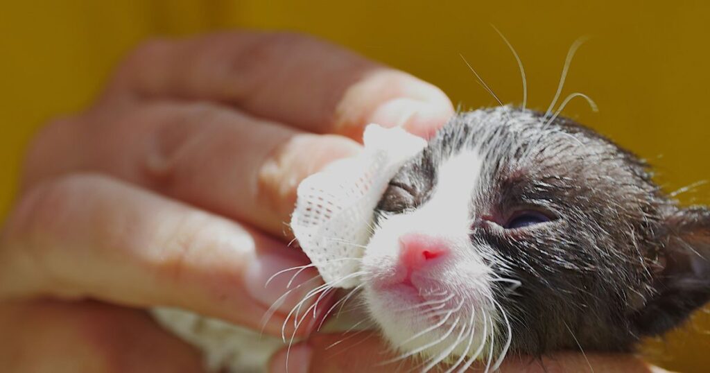 子猫がウエットティッシュで優しく顔を拭いてもらっている