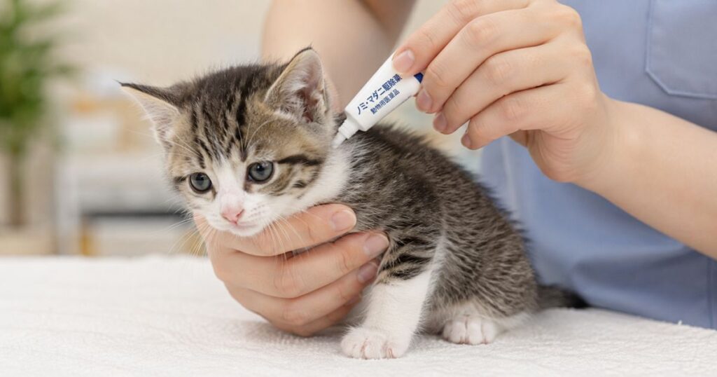 動物病院でノミ駆除薬を処方してもらう子猫