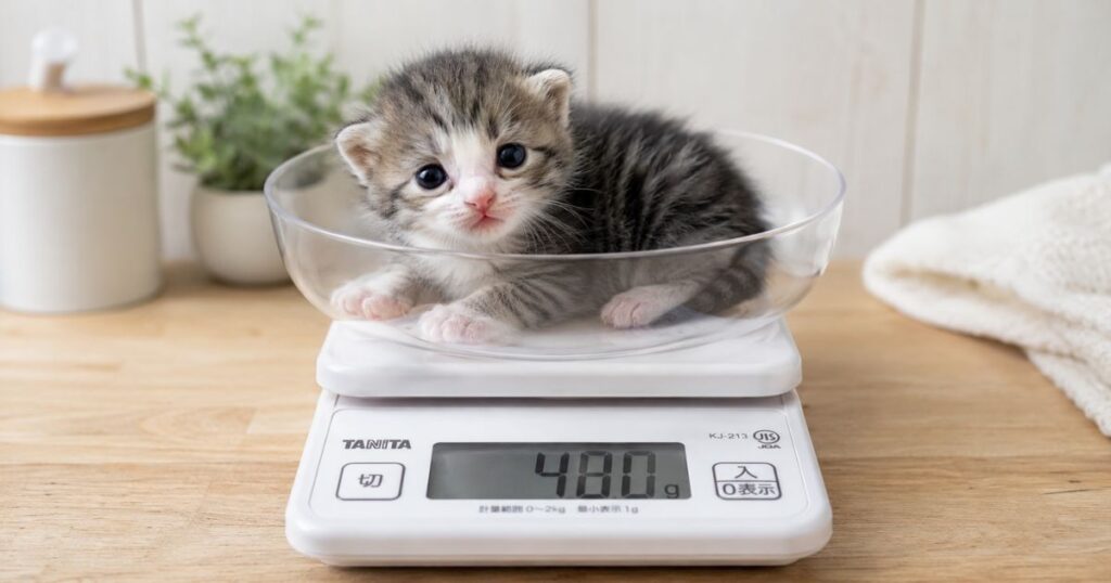キッチンスケールに乗る子猫